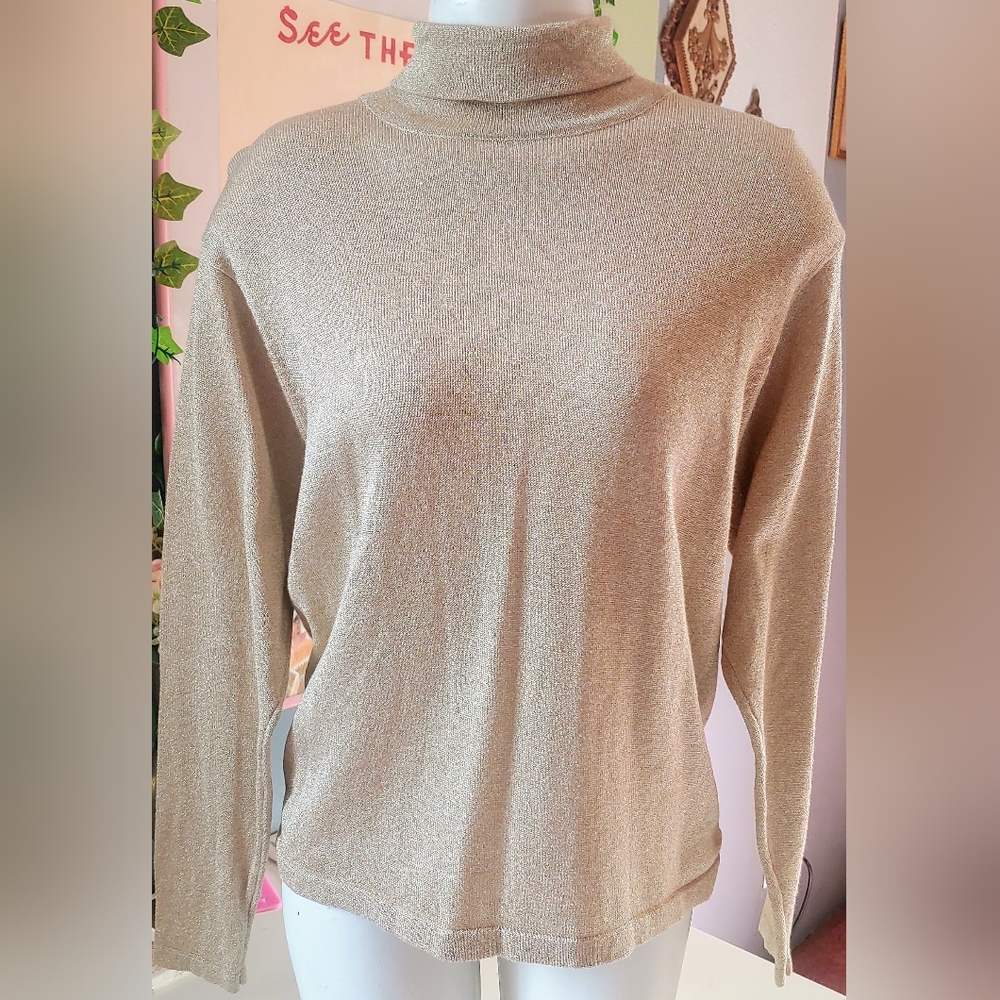 Shimmery gold long sleeve ladies turtleneck top by Talbots.